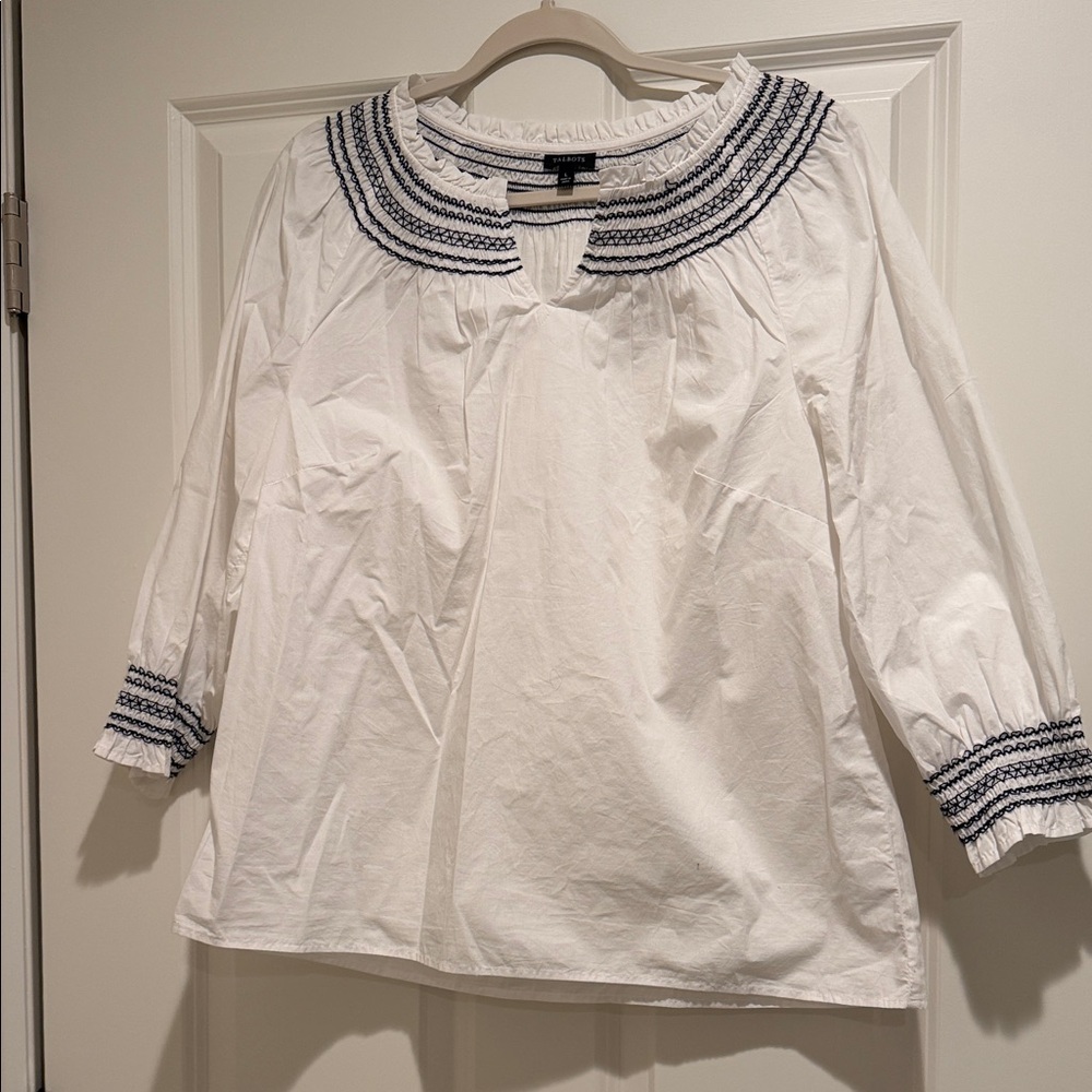 Talbots White Top with Navy Stripes